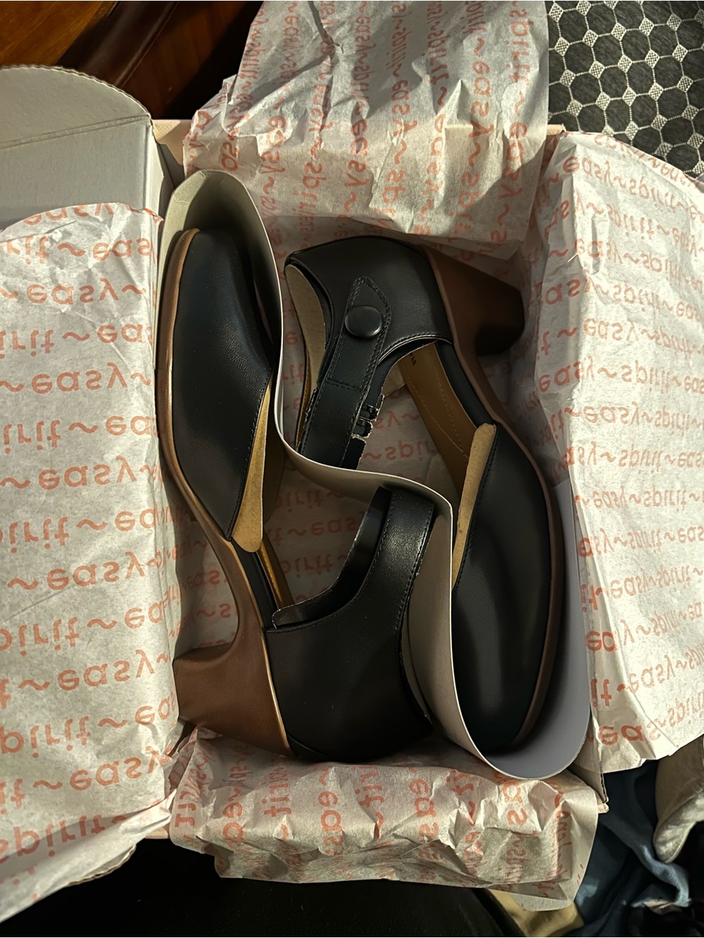 Easy Spirit Black and Brown Kitten Heels with Button Ankle Strap